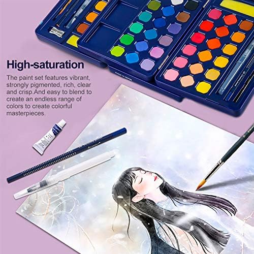 Watercolor paint set with a variety of vibrant colors.