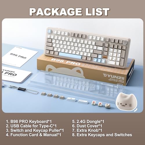 YUNZII B98 PRO QMK/VIA Wireless Mechanical Gaming Keyboard, 96% Layout with Numpad and Cute Cat Knob, BT/2.4G/USB-C, Hot Swap Custom Gasket Keyboard, RGB for Win/Mac (Beige, Candy Linear Switch)