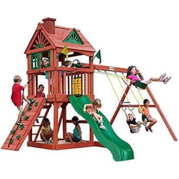Gorilla Playsets 01 0021 Nantucket Wood Swing Set With Wood Roof Two Swings Slide Sandbox Area Rock Wall Redwood