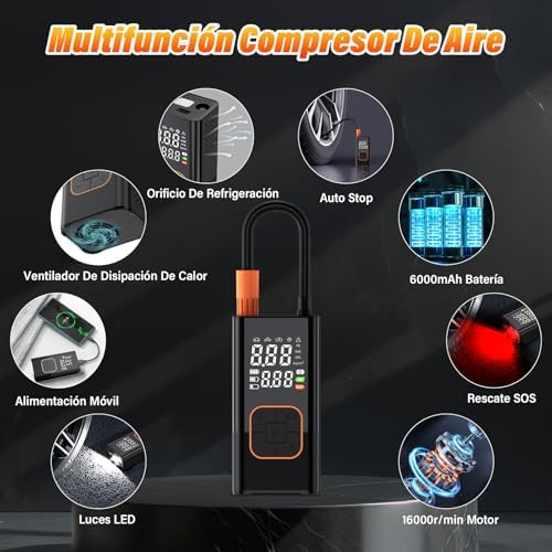 Compresor de Aire Portátil para Neumáticos 150 PSI 7.4V – Bomba de Aire Inalámbrica Digital con Batería 1800mAh×2, Presión Preestablecida, Luz LED para Coche Moto Bicicleta Balones Viajes