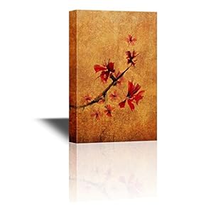 Canvas Wall Art - Red Flowers on a Branch on Vintage Background - Gallery Wrap Modern Home Art | Ready to Hang - 12x18 inches