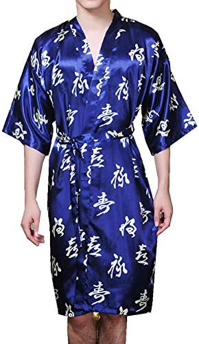 TLIH Men's Chinese Calligraphy Kimono Yukata Robe Sleepwear Blue