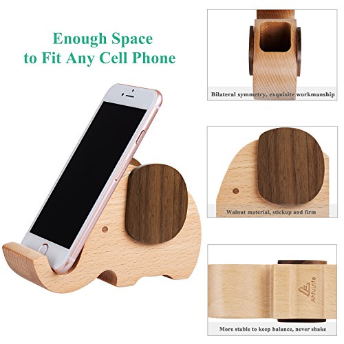 AhfuLife Wooden Elephant Phone Stand with Pen&Pencil Cup Holder/Pot for iphone Samsung Sony Huawei, Desk Decoration Multi-functional Stationery Organizer, Best Gift for Valentine's Day, Mother's Day