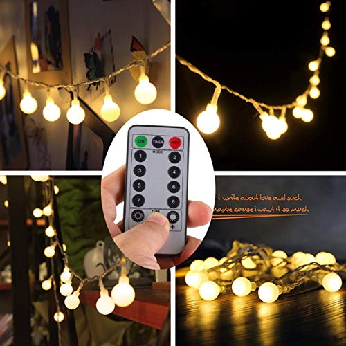 echosari [Remote & Timer] 16 Feet 50 LED Outdoor Globe String Lights 8 Modes Battery Operated Frosted White Ball Fairy Light(dimmable, Ip65 Waterproof, Warm White)