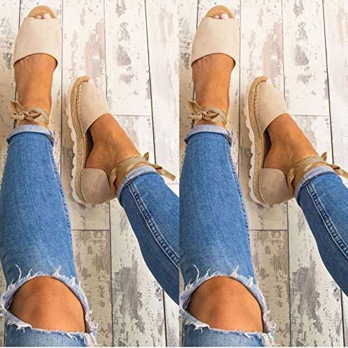 Sunyastor Womens Espadrilles Lace Up Flat Shoes Platform Ankle Strap Wrap Summer Sandals Peep Toe Chunky Holiday Shoes Beige