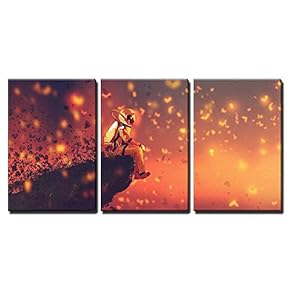 3 Piece Canvas Wall Art - Illustration - Astronaut Sitting on Cliff