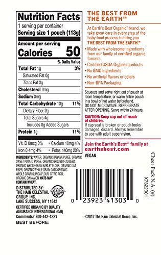 Earth's Best Organic Stage 2 Baby Food, Sweet Potato Cinnamon Breakfast, 4 oz. Pouch (Pack of 12) - Thumbnail 3