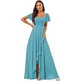 OEUVIGF Women's Square Neck Bridesmaid Dresses with Slit Short Sleeves A Line Long Formal Gowns OE01