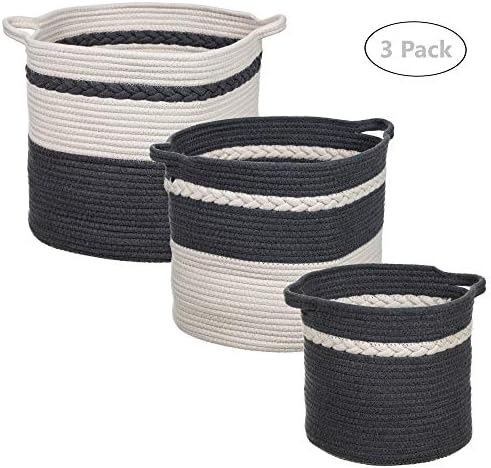 Shopaholics From Home 3 Pack Set Cotton Rope Laundry Basket Hamper with Braid Decorative Baby Nursery Kids Storage, Toys, Clothes, Blankets, Organize (Dark Grey)
