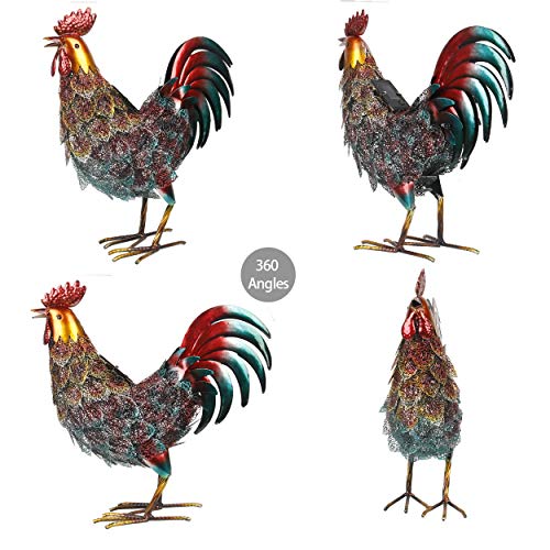 Kircust Garden Solar Metal Rooster Statue Lights Yard Art Decor, Outdoor Standing Chicken Sculpture LED Light Patio Lawn Walkway Backyard and Home Decoration, Multicolor, 16.74-Inch