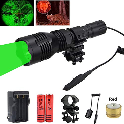 WindFire Waterproof 350 Lumens 250 Yards Green LED Coyote Hog Fox Predator Varmint Hunting Flashlight with Red Light LED Bulb Module Pressure Switch & Barrel Mount & Spare 18650 Battery and Charger