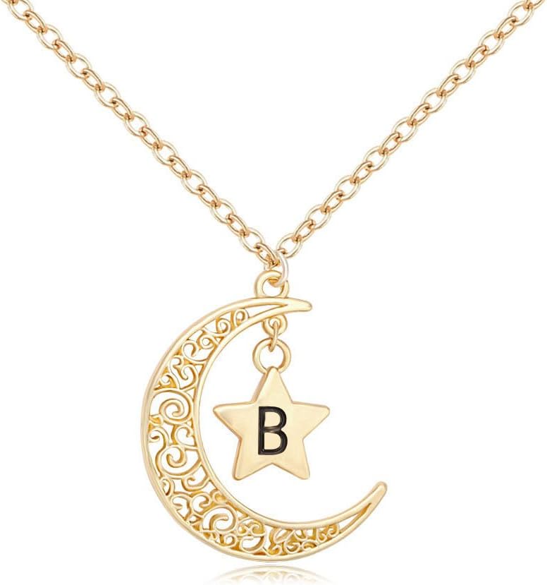 PANGRUI Exquisite Delicate Half Moon and Star Pendant Necklace with Letters