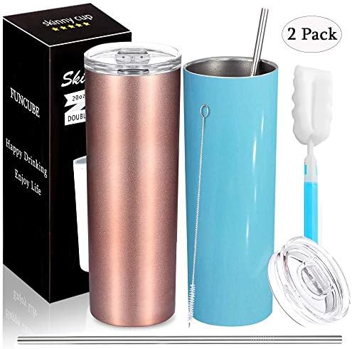 Stainless Steel Skinny Insulated Tumbler with Lid and Straw, 20 OZ Double Vacuum Slim Tumbler Cup, Outdoor Unbreakable Travel Mug for Hot or Cold Drinks with Cleaning Brush (Rose Gold & Blue)