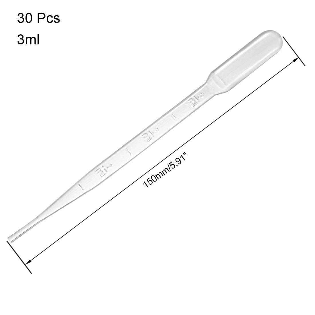 sourcing map 30 Pcs Plastic Disposable Pipettes 3ml, Clear Graduated Transfer Pipettes, 150mm Length, Liquid Dropper for Lab - Image 3