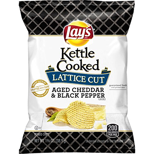 Lay's Kettle Cooked Lattice Cut Aged Cheddar & Black Pepper Flavored Potato Chips, 1.375 Ounce (Pack of 64)
