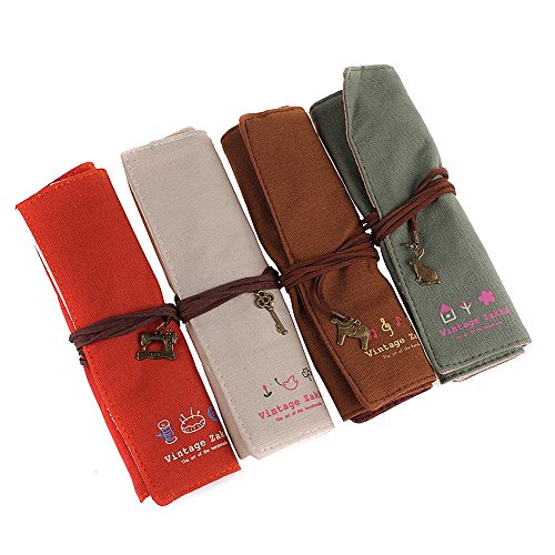 Sealike 4 Pcs Vintage Cartoon Roll up Canvas Pen Bag Pencil Case Pen Holder Cosmetic Bag Pouch Bag for Women Teen Girls with Stylus - Thumbnail 7
