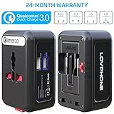 QC3.0 Fast Charger,Worldwide Travel Adapter, LOVPHONE Universal All in One Worldwide Travel Power Plug Wall AC Adapter Charger with Dual USB Charging Ports for US/EU/UK/AU, Black