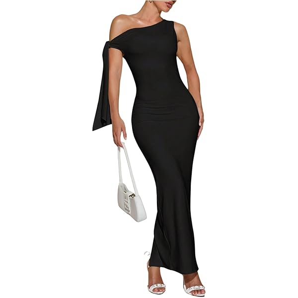 Amazon.com: YTTBHKING Elegant Casual Solid Asymmetrical Shoulder Tie-Up  Ruched Elegant Side Slit Dress Long Dress : Clothing, Shoes & Jewelry