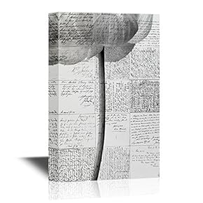 Black and White Canvas Wall Art - Lotus Flower on Vintage Letters Background - Gallery Wrap Modern Home Art | Ready to Hang - 12x18 inches