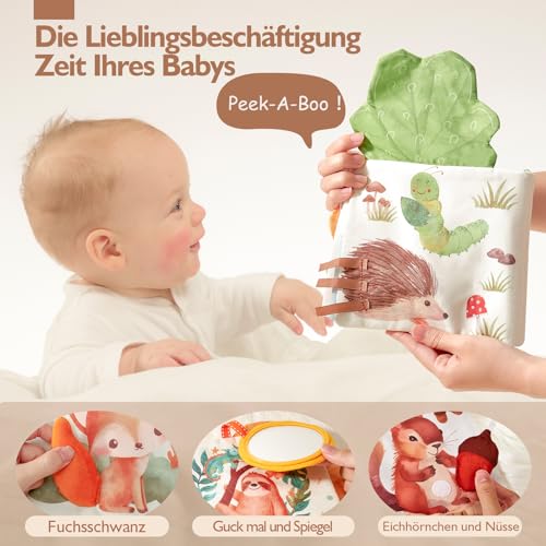 hahaland Baby Toy from 0 3 6 Months Fabric Book, Interactive Baby Books with Mirror Rattle, Feel Book Crinkle Book Baby Toy 6 Months, Newborn Baby Gift for Baby Toy 0-6 Months