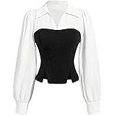 MakeMeChic Women's Long Sleeve Work Blouse Casual Color Block V Neck Split Dress Shirt