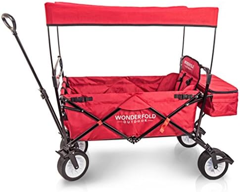 WonderFold Outdoor Premium Model Collapsible Folding Wagon With Canopy, One Pedal Brakes, Wide EVA Tires &amp; 1 Wagon Seat with 5-Point Seat Belt (Ruby Red)