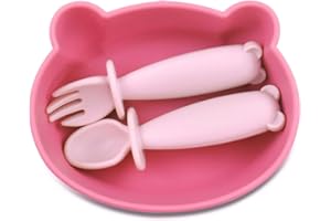 teensy peepsy Bear Silicone Baby Bowl Suction Baby Spoon and Fork for Babies 6 months+ Suction Bowls for Baby Utensils 6-12M+ BLW Essentials Must Haves (Hibiscus)