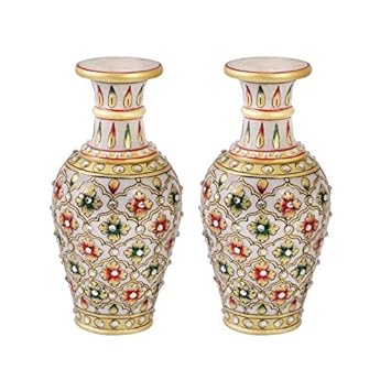 Marble Flower vase with Emboss Painted mehrab Design by Handicrafts Paradise