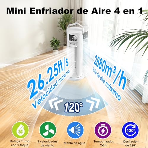 Mobile Air Conditioner - Mini Air Conditioner with Cooling and Humidification Function, Water Mist Technology, 4 Adjustable Timer Levels, 120° Swivel Air Outlet, for Home, Office, Bedroom, White