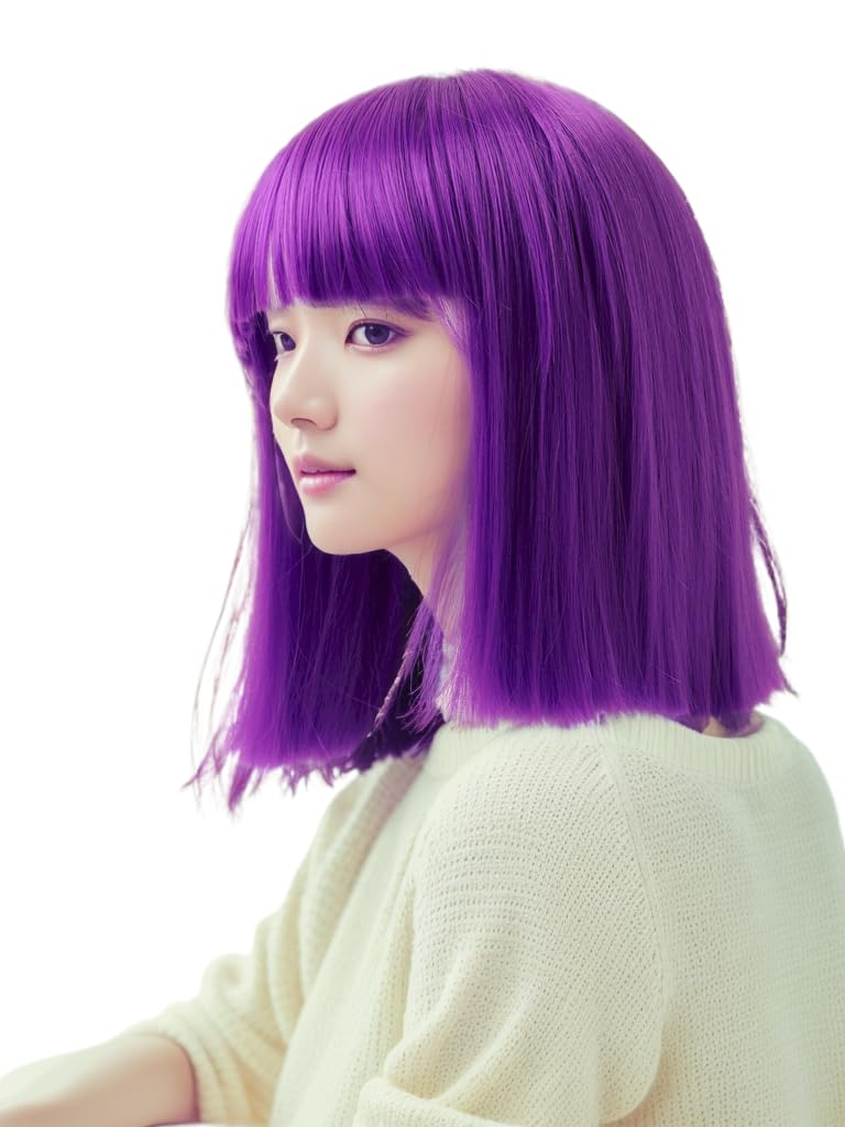Prettyland Event Ladies Bob Straight Bangs Wig Medium Length Short Straight Heat Resistant Wig for Show Carnival Dark Purple C658