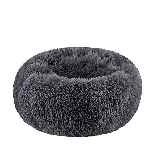 WonderKathy Modern Soft Plush Round Pet Bed for Cats or Small Dogs, Mini Medium Sized Dog Cat Bed Self Warming Autumn Winter Indoor Snooze Sleeping Cozy Kitty Teddy Kennel (M(23.6″Dx7.9″H), Dark Grey)