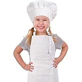 CRJHNS Kids Apron and Chef Hat Set, Adjustable Cotton Child Aprons with Large Pocket White Girls Boys Kitchen Bib Aprons for Cooking Baking Painting