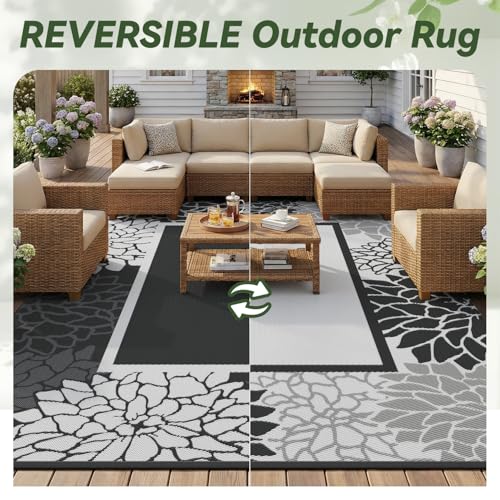 RESARE-Outdoor Rug-Patio Rug 8x10 ft RV Camping Floral Waterproof Mat Portable Outdoor Area Carpet for Deck Porch Picnic Balcony Backyard Beach Rugs Reversible Non Fading Black & White