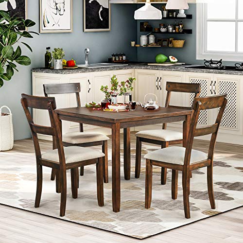 P PURLOVE 5 Piece Dining Table Set Rustic Wood Kitchen Table and 4 Chairs 5 Piece Wooden Dining