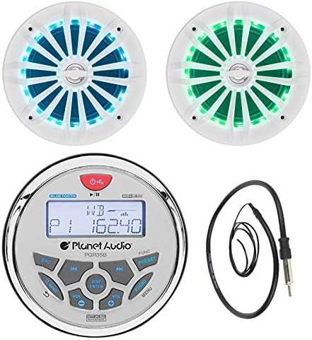 New Planet Audio PGR35B Bluetooth Enabled, In Dash, Marine Gauge, Digital Media, AM/FM Radio Boat Yacht Receiver With 2 X 6.5" Inch 200 Watt LED Multi Color Illumination Marine Speakers And Enrock Marine Antenna EKMR2 - Great Marine Audio Bundle Kit (Silver)