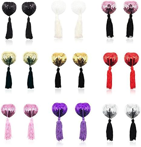 Conversancy 7 Pairs Women Sequin Breathable Undercover Nipple Covers/Breast Pads, Sequin Round Shaped Tassels Nipple Covers Pasties,Random Seven Different Colors