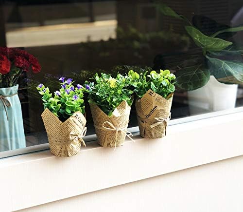 ZAZALUM Mini Artificial Potted Plants, Fake Green Flower in Outmoded Newspaper Wrapped Pot for Home & Office Décor(Set of 3)