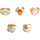 Mikovivi 5pcs Chunky Gold Rings for Women, Adjustable Vintage Statement Stone Rings Big Stackable Fashion Thick Thumb Gemstone Jewelry Set for Daily Wear Gift