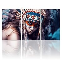 Beauty Native Woman Canvas Wall Art Paintings Feathered Indians Girl Art Prints for Home Walls Decor on Wrapped Canvas Set,12x20inch x3 pieces