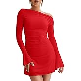 LAGSHIAN Women's Fall Long Sleeve Off Shoulder Trendy Ruched Stretch Bodycon Cocktail Party Flare Mini Dress