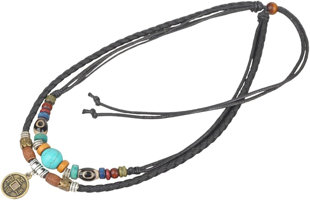 Boho Double Cord Choker Necklace with Chinese Coin Pendant & Turquoise Bead, Black Leather and Hemp Cord, 38 cm (15 inches) - Image 3