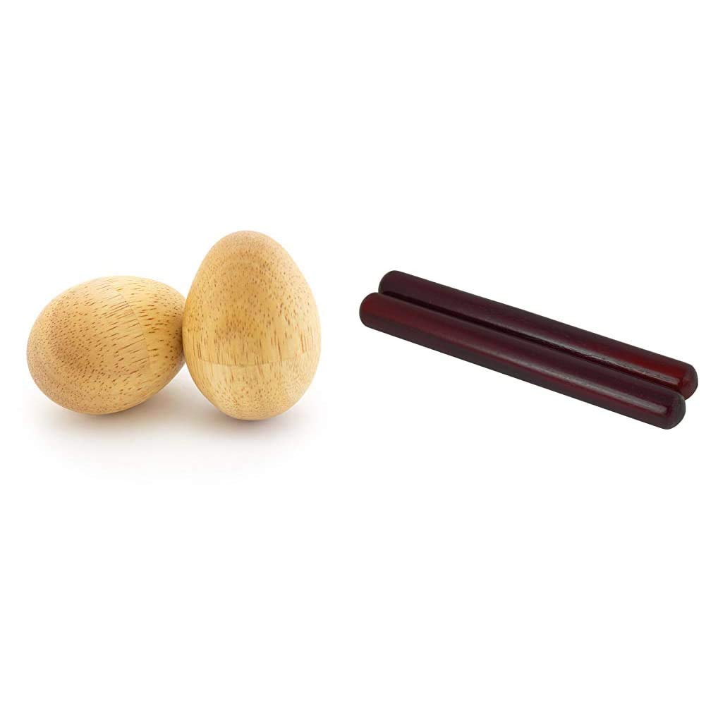 Tiger Music Redwood Wooden Claves - 20cm Length Pair of Claves + Tiger Music Wooden Natural Egg Shakers (Pair)