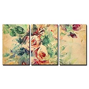 Watercolor Roses Painted on Beige Tone Paper x3 Panels
