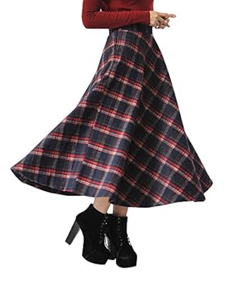 IDEALSANXUN Women’s High Waist Woolen Swing Skirt Thicken Winter Warm Plaid Aline Retro Long Skirts