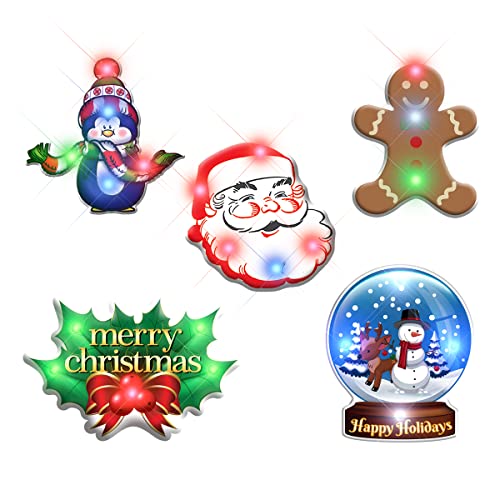 Christmas Light Up Flashing Pins Assorted Pack (Set of 5) Santa, Holly Merry Christmas, Penguin, Gingerbread Man, Snow Globe