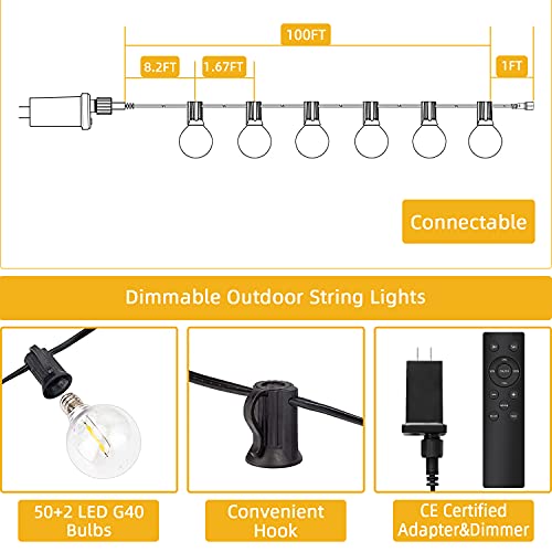 Bomcosy Patio Lights Outdoor String Lights with Remotes 100ft, G40 LED