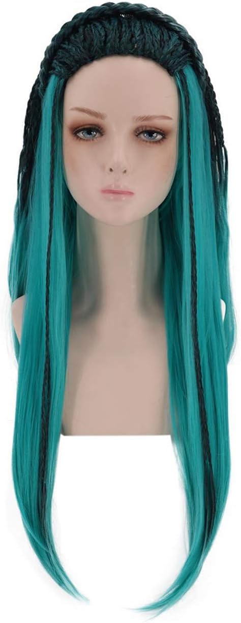Bopocoko Anime Cosplay Wig for Adults Kids Halloween Costumes Party Wig Long Braid Straight Green and Black Mixed Hair Wigs with Wig Cap BU224