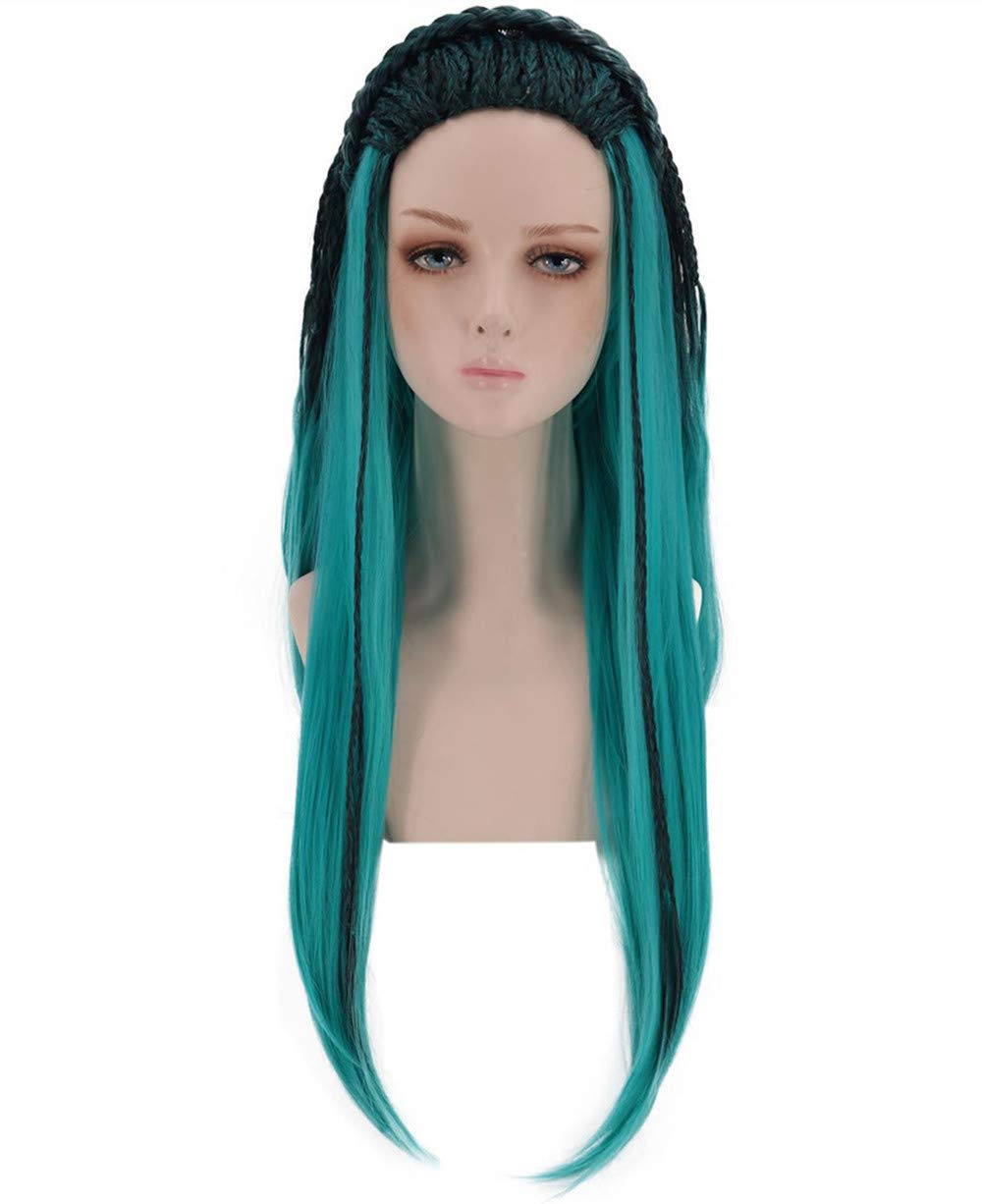 Bopocoko Anime Cosplay Wig for Adults Kids Halloween Costumes Party Wig Long Braid Straight Green and Black Mixed Hair Wigs with Wig Cap BU224