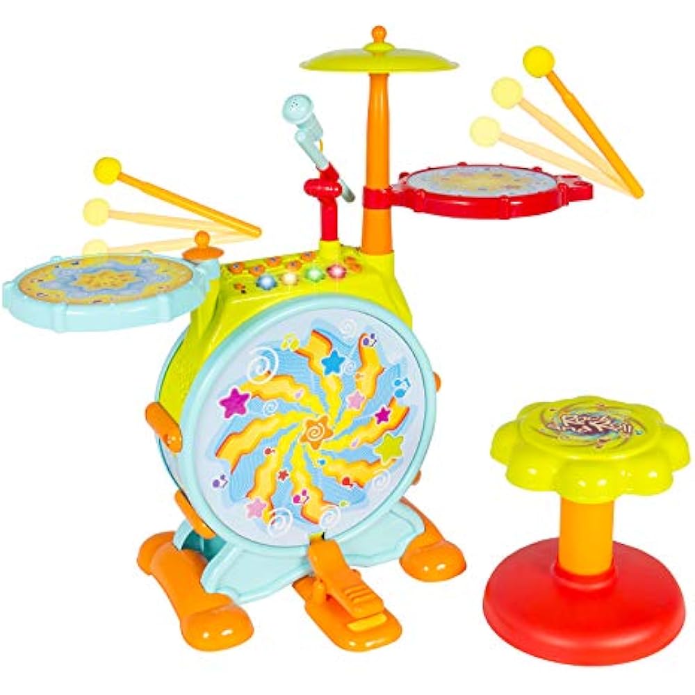 Kids Electronic Toy Drum Set With Mic, Stool, Drumsticks, Multicolor Toys " eBay
