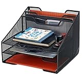 Bonsaii Metal Mesh Desktop Letter & File Organizer Tray with 3 Tray and 2 Vertical Sections, Black (W6488)